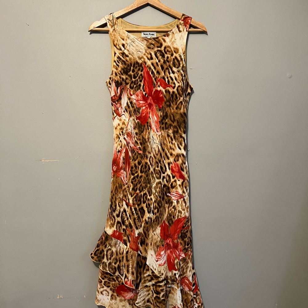 Carrie Dress - Animal Print Sleeveless Dress with Red Floral Accents